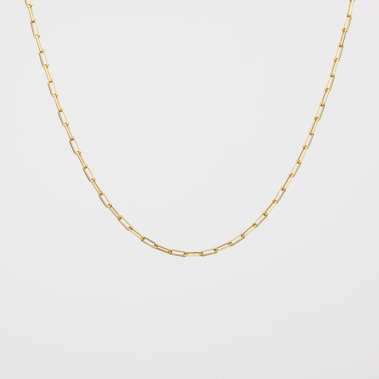 A gold vermeil paperclip chain necklace on a white background.
