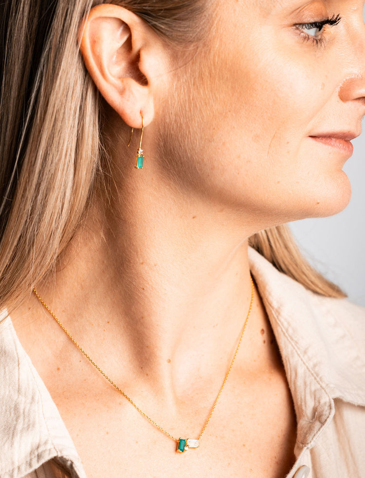 Green onyx dainty dangle earring with matching cluster necklace