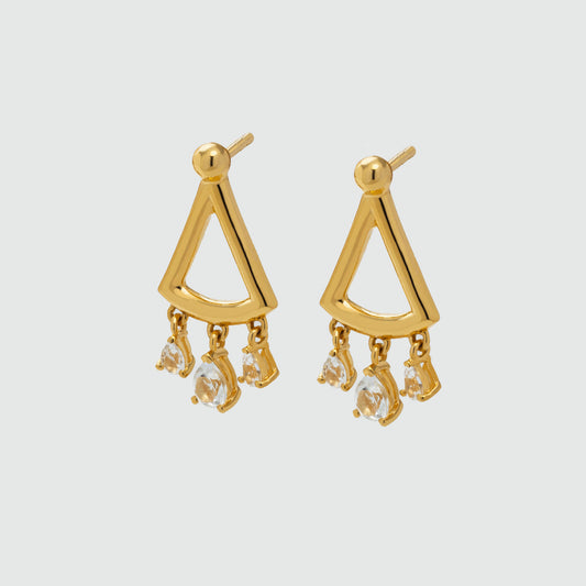Gold drop earring with three small white topaz drops hanging from the lower arc.