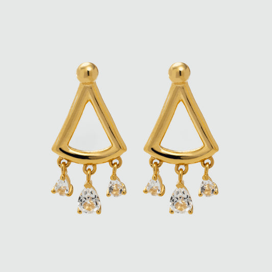 Curved‑triangle gold drop earring with three small white topaz drops hanging from the lower arc.