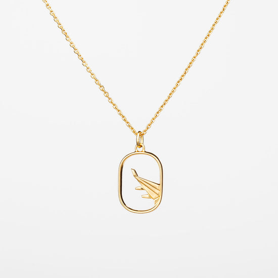 Gold plated airplane window view necklace on a chain