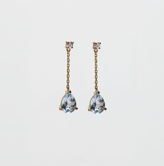 Teardrop shaped sky blue topaz dangle earrings in Gold