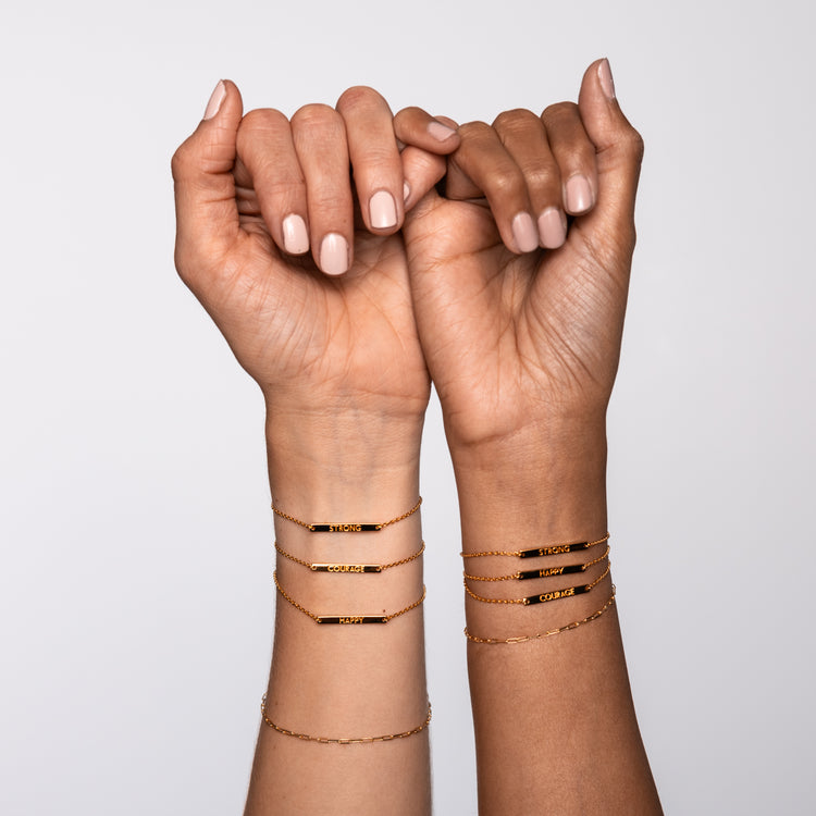 gold inspiration bracelets - happy, strong, courage