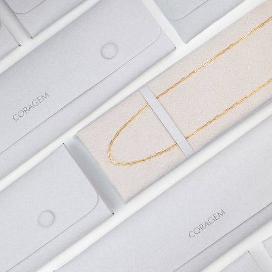 Gold paperclip chain in Coragem branded gift case
