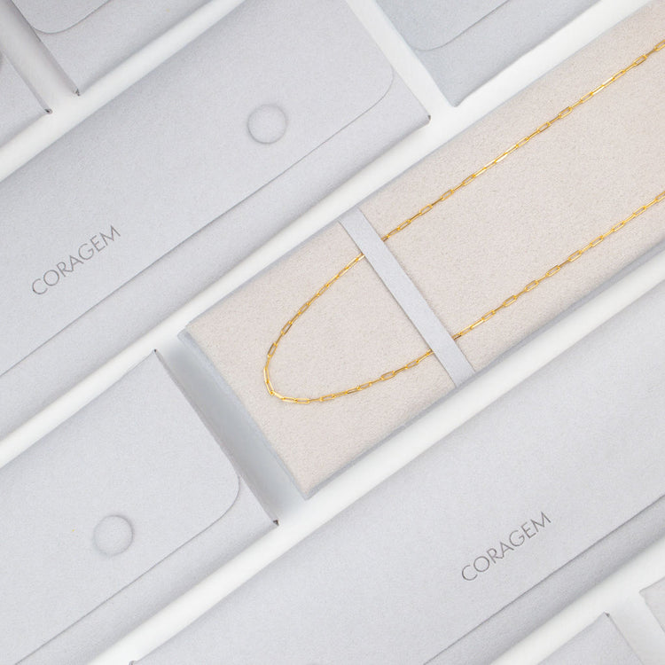 Gold paperclip chain in Coragem branded gift case
