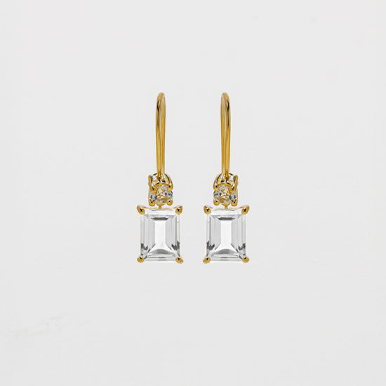 White topaz baguette cut drop earrngs set in 18K gold vermeil