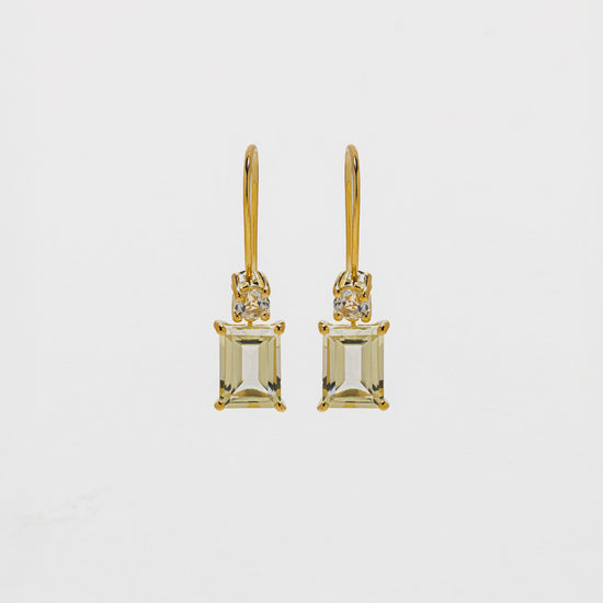 Yellow quartz baguette drop earrings in gold