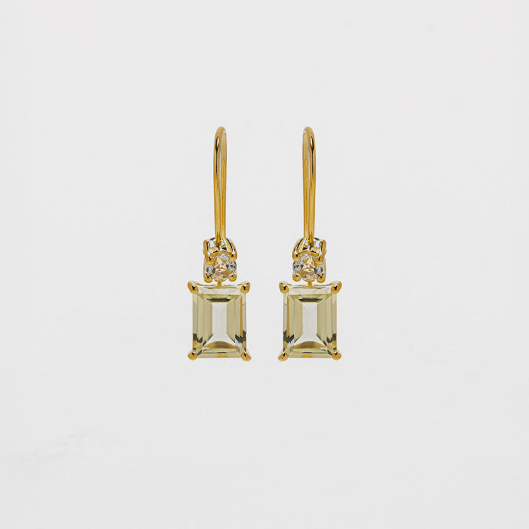 Yellow quartz baguette drop earrings in gold