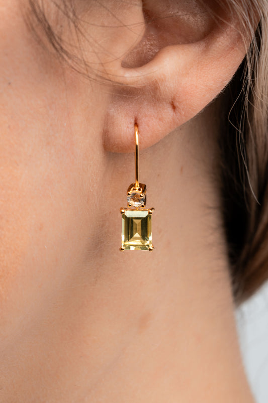 Girl wearing yellow quartz drop earring in gold vermeil